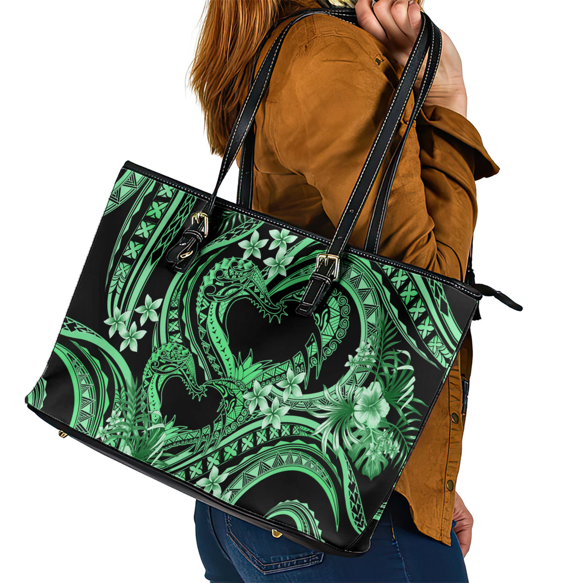 Polynesia Valentines Day Forever In My Heart Tattoo Leather Tote Bag Green Style LT9 - Polynesian Pride