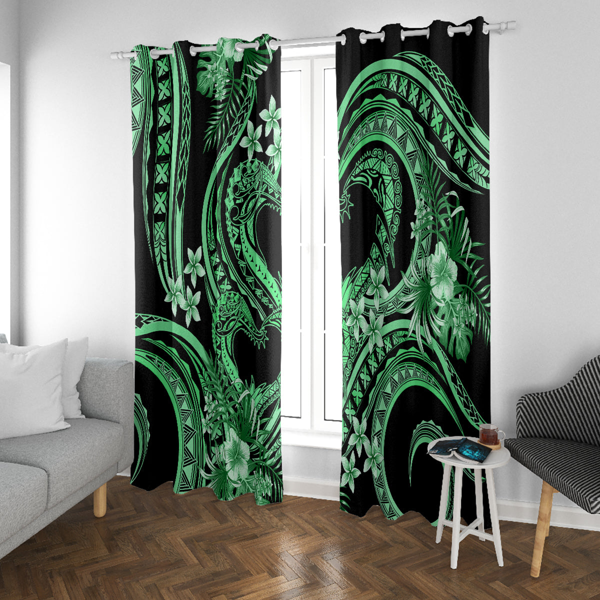 Polynesia Valentines Day Forever In My Heart Tattoo Window Curtain Green Style LT9 With Grommets Green - Polynesian Pride