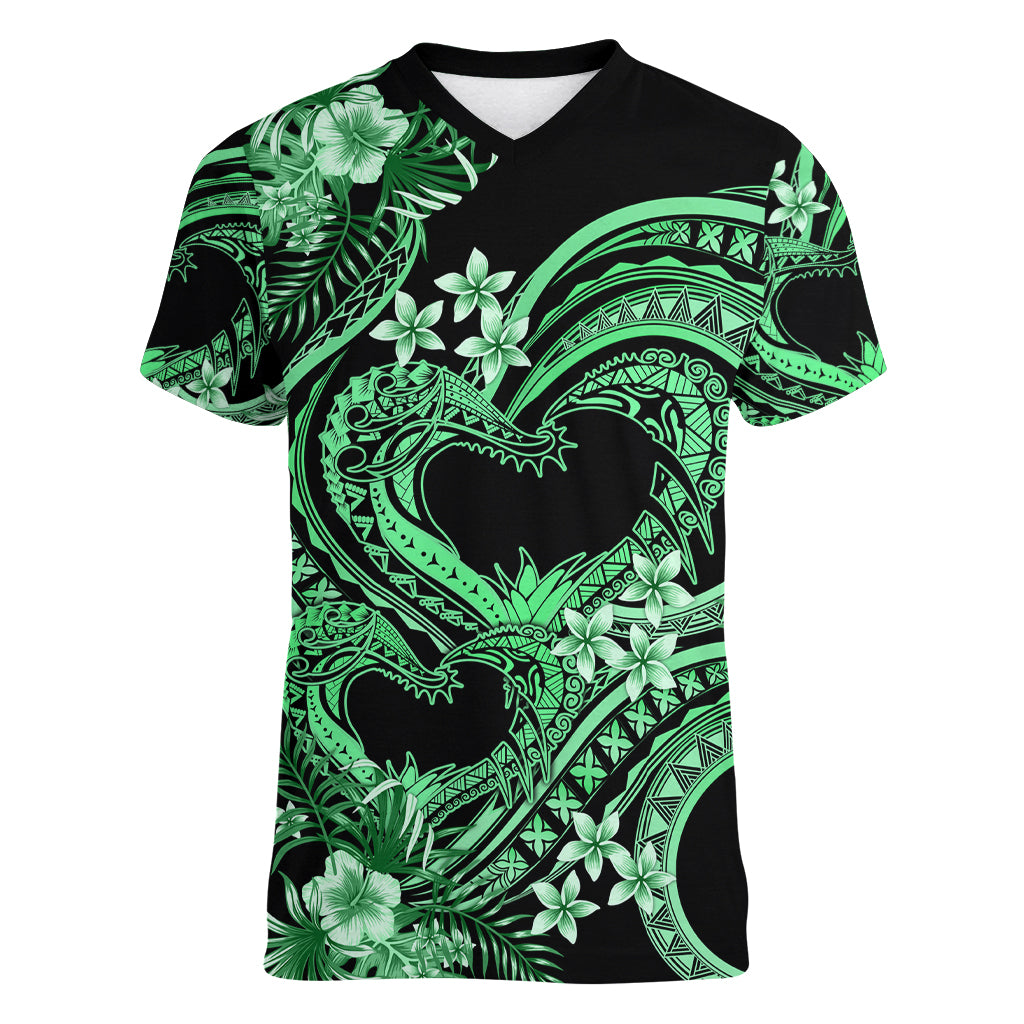 Polynesia Valentines Day Forever In My Heart Tattoo Women V Neck T Shirt Green Style LT9 Female Green - Polynesian Pride