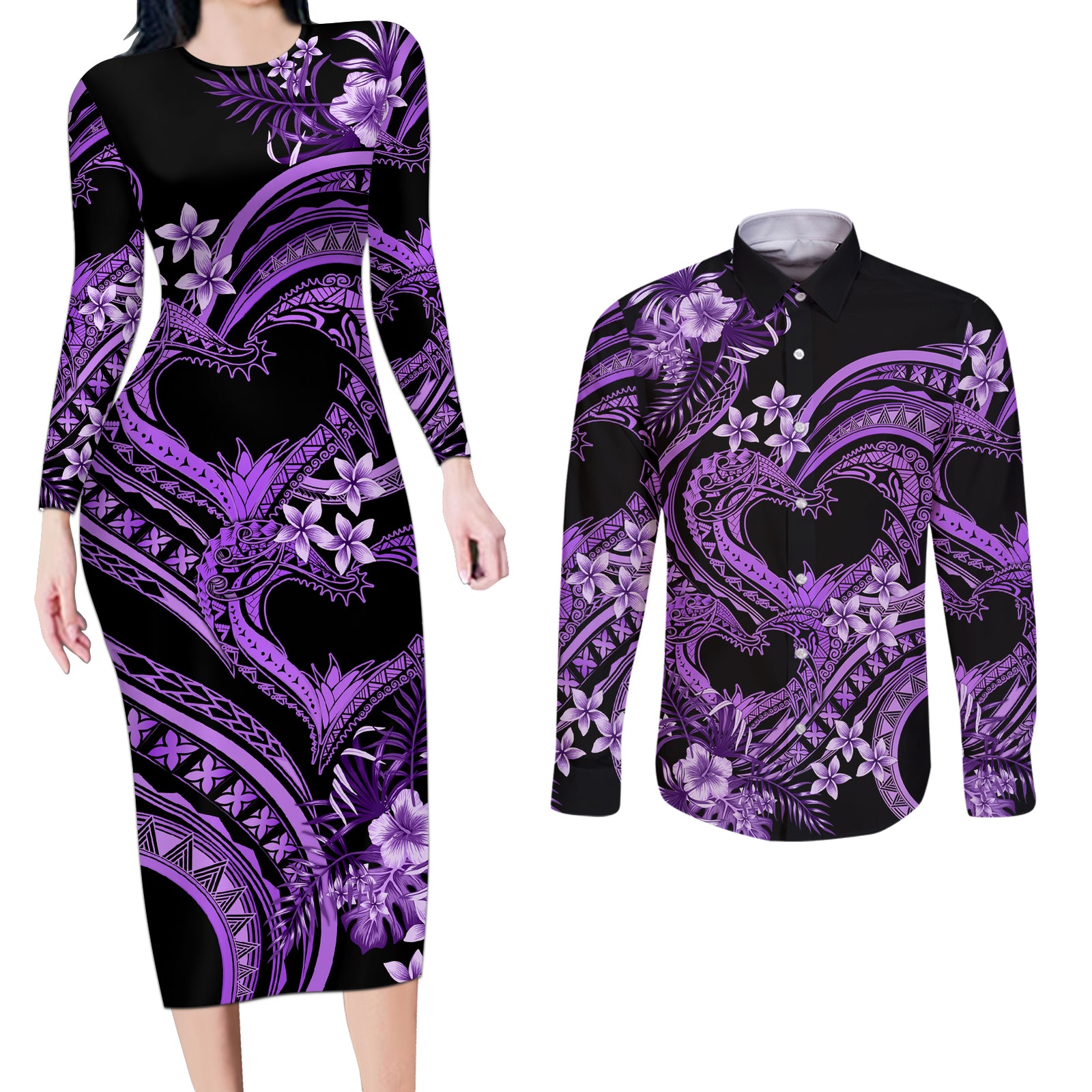 Polynesia Valentines Day Forever In My Heart Tattoo Couples Matching Long Sleeve Bodycon Dress and Long Sleeve Button Shirt Purple Style LT9 Purple - Polynesian Pride
