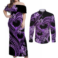 Polynesia Valentines Day Forever In My Heart Tattoo Couples Matching Off Shoulder Maxi Dress and Long Sleeve Button Shirt Purple Style LT9 Purple - Polynesian Pride