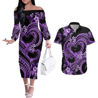 Polynesia Valentines Day Forever In My Heart Tattoo Couples Matching Off The Shoulder Long Sleeve Dress and Hawaiian Shirt Purple Style LT9 Purple - Polynesian Pride
