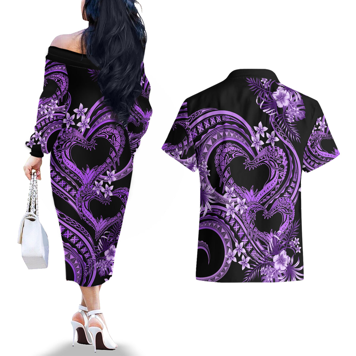 Polynesia Valentines Day Forever In My Heart Tattoo Couples Matching Off The Shoulder Long Sleeve Dress and Hawaiian Shirt Purple Style LT9 - Polynesian Pride