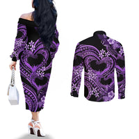 Polynesia Valentines Day Forever In My Heart Tattoo Couples Matching Off The Shoulder Long Sleeve Dress and Long Sleeve Button Shirt Purple Style LT9 - Polynesian Pride