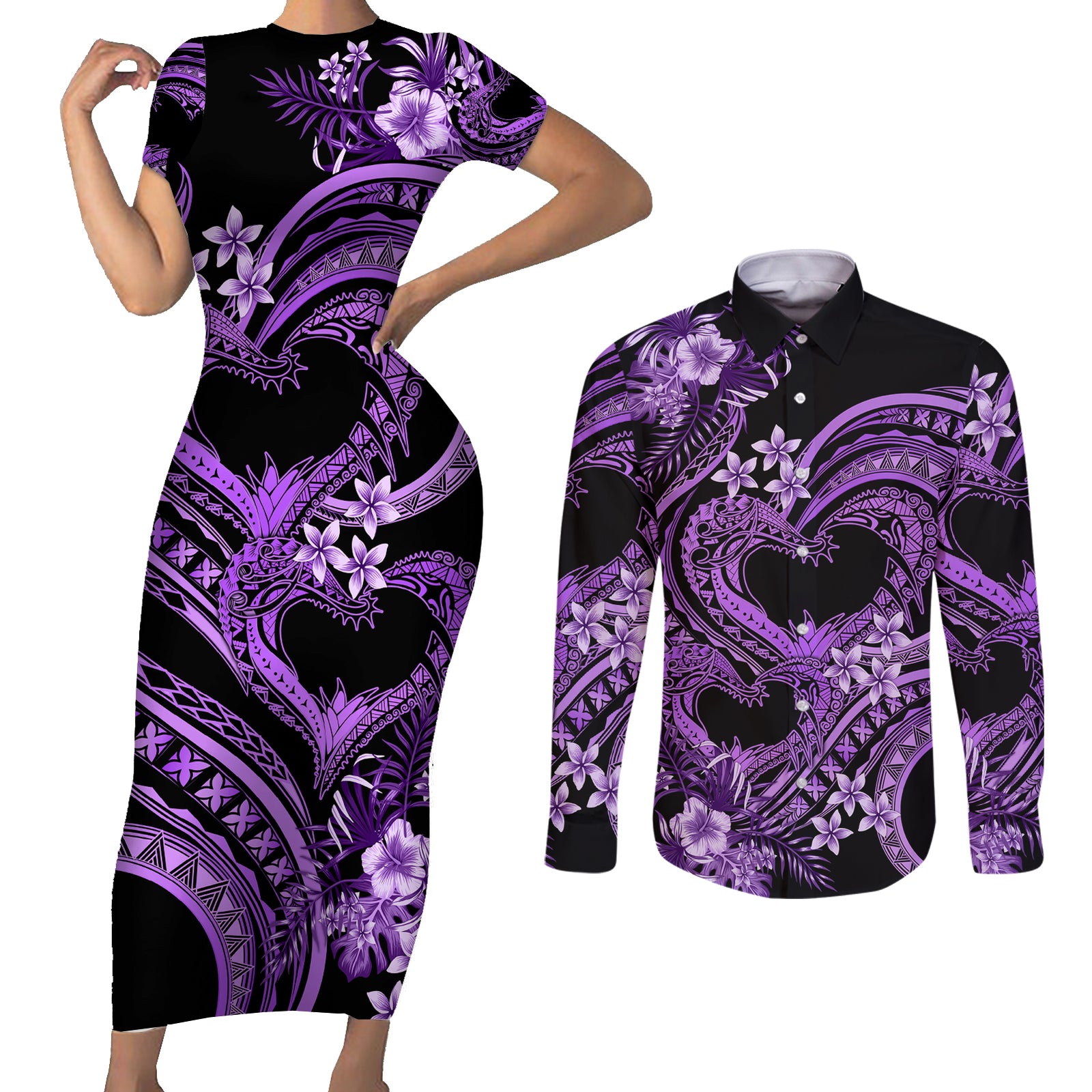 Polynesia Valentines Day Forever In My Heart Tattoo Couples Matching Short Sleeve Bodycon Dress and Long Sleeve Button Shirt Purple Style LT9 Purple - Polynesian Pride