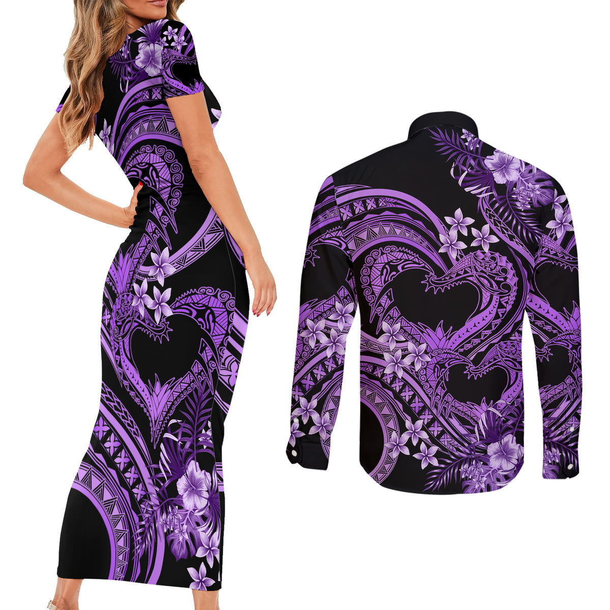 Polynesia Valentines Day Forever In My Heart Tattoo Couples Matching Short Sleeve Bodycon Dress and Long Sleeve Button Shirt Purple Style LT9 - Polynesian Pride