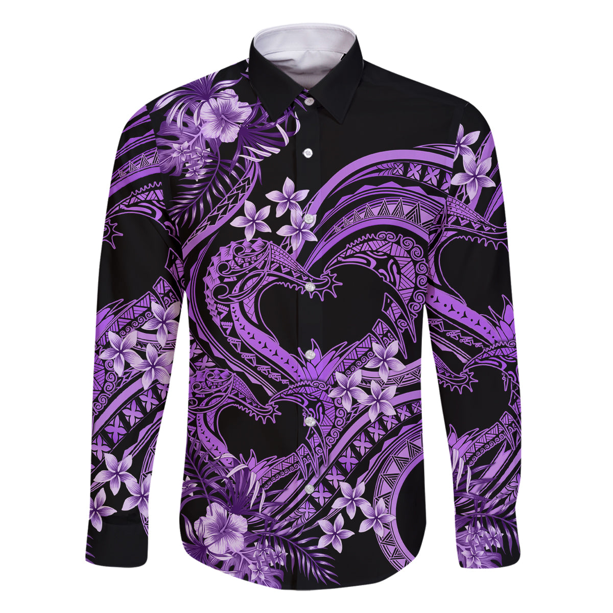 Polynesia Valentines Day Forever In My Heart Tattoo Family Matching Off Shoulder Long Sleeve Dress and Hawaiian Shirt Purple Style LT9 Dad's Shirt - Long Sleeve Purple - Polynesian Pride