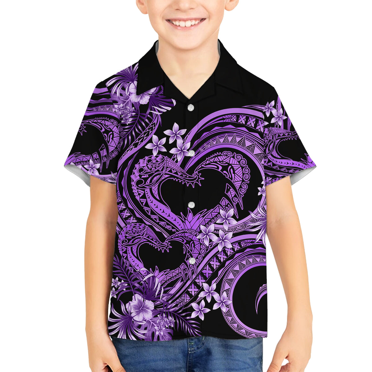 Polynesia Valentines Day Forever In My Heart Tattoo Family Matching Off Shoulder Short Dress and Hawaiian Shirt Purple Style LT9 Son's Shirt Purple - Polynesian Pride