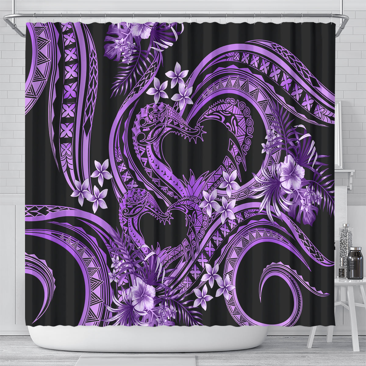 Polynesia Valentines Day Forever In My Heart Tattoo Shower Curtain Purple Style LT9 - Polynesian Pride