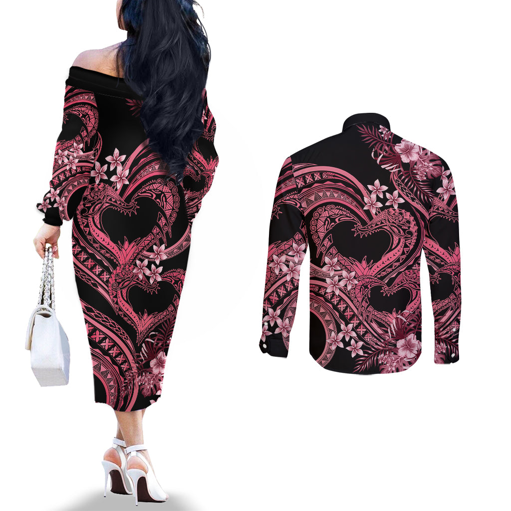 Polynesia Valentines Day Forever In My Heart Tattoo Couples Matching Off The Shoulder Long Sleeve Dress and Long Sleeve Button Shirt Pink Style LT9 - Polynesian Pride