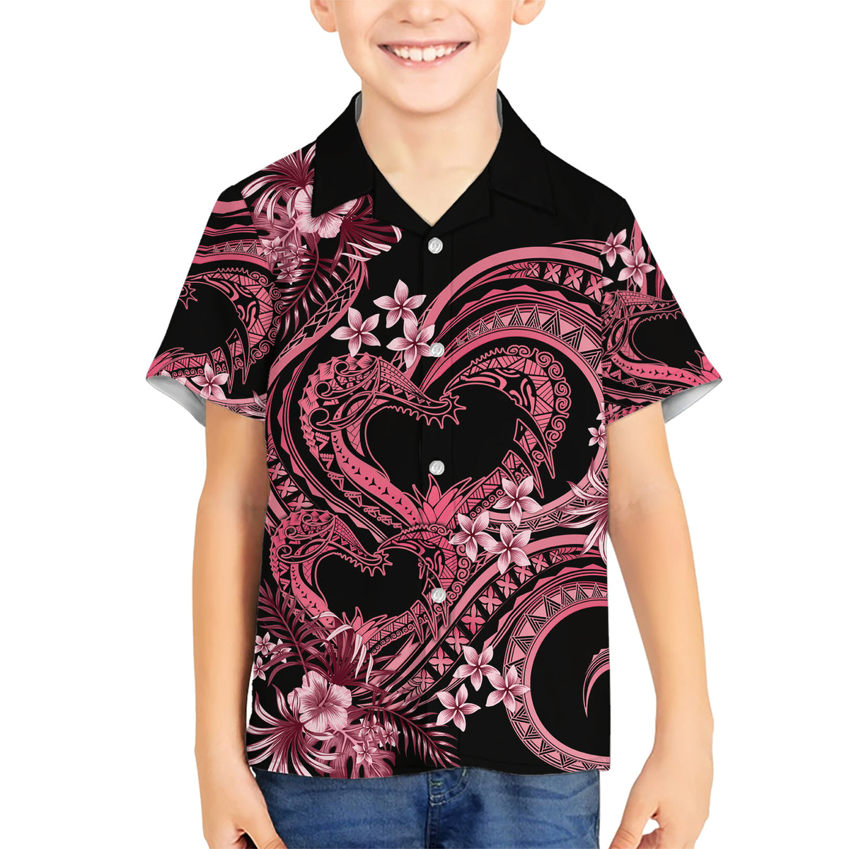 Polynesia Valentines Day Forever In My Heart Tattoo Family Matching Short Sleeve Bodycon Dress and Hawaiian Shirt Pink Style LT9 Son's Shirt Pink - Polynesian Pride