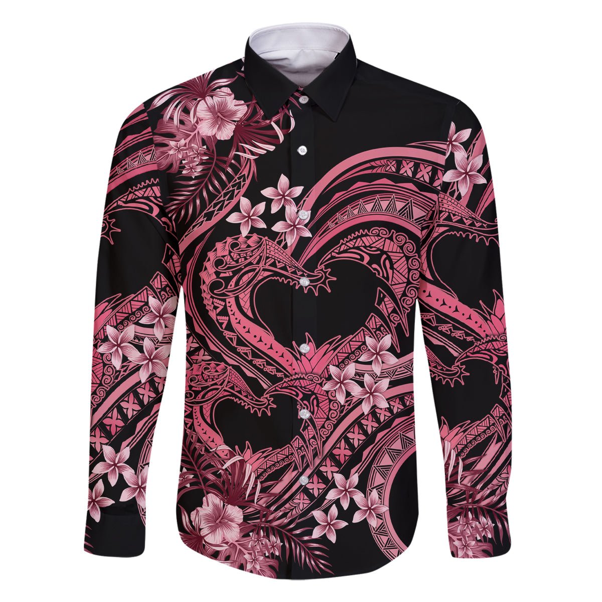 Polynesia Valentines Day Forever In My Heart Tattoo Family Matching Summer Maxi Dress and Hawaiian Shirt Pink Style LT9 Dad's Shirt - Long Sleeve Pink - Polynesian Pride
