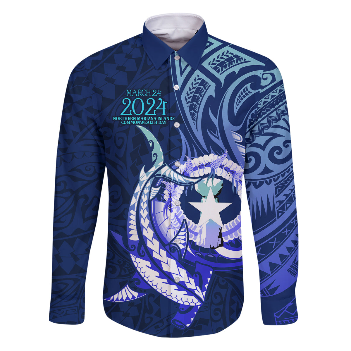 Personalised Northern Mariana Islands Family Matching Puletasi and Hawaiian Shirt Commonwealth Day 2024 LT9 Dad's Shirt - Long Sleeve Ocean Blue - Polynesian Pride