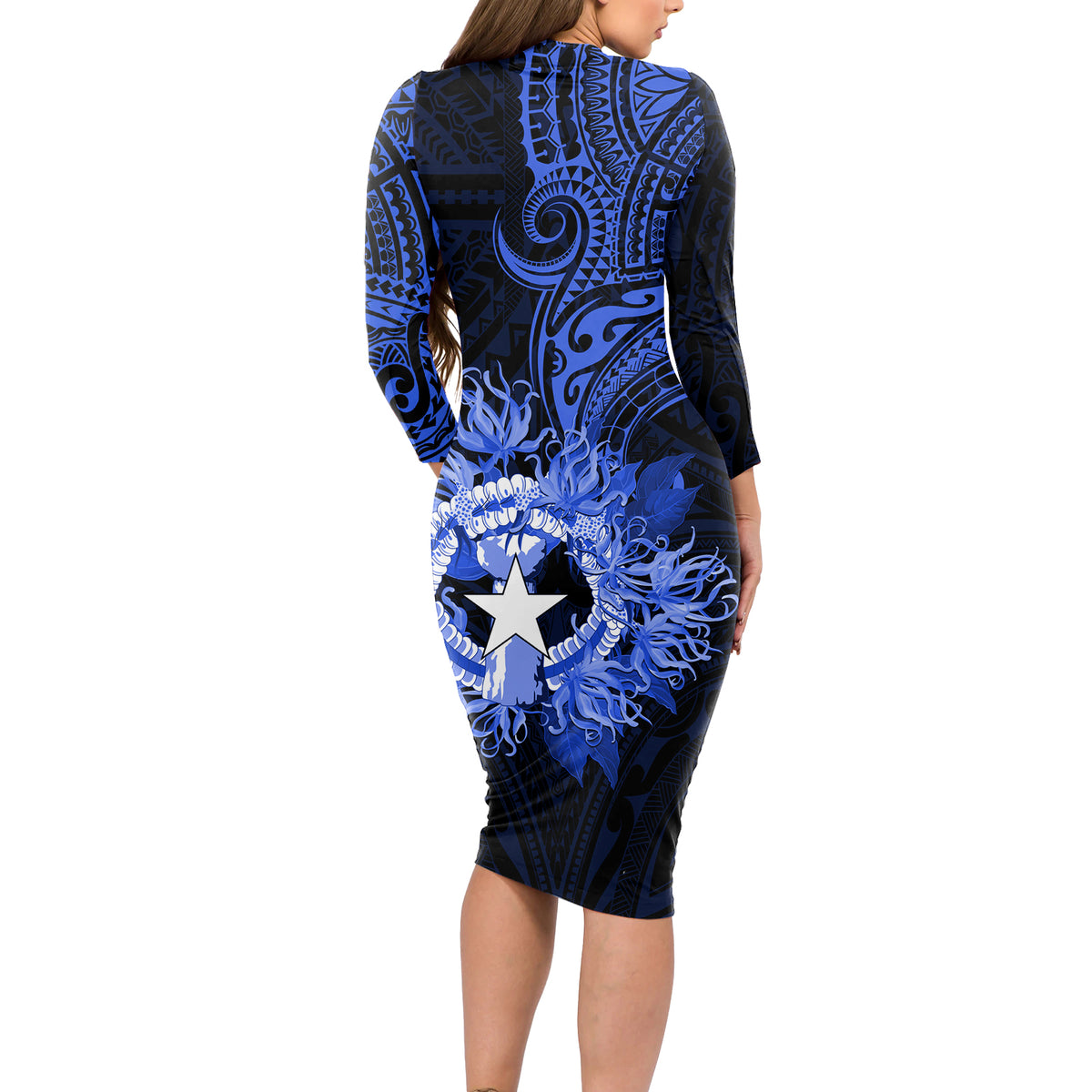 Northern Mariana Islands Ylang-ylang Mwarmwar Long Sleeve Bodycon Dress Polynesian Blue Style LT9 - Polynesian Pride