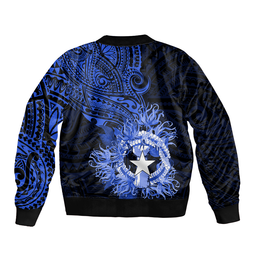 Northern Mariana Islands Ylang-ylang Mwarmwar Sleeve Zip Bomber Jacket Polynesian Blue Style LT9 - Polynesian Pride