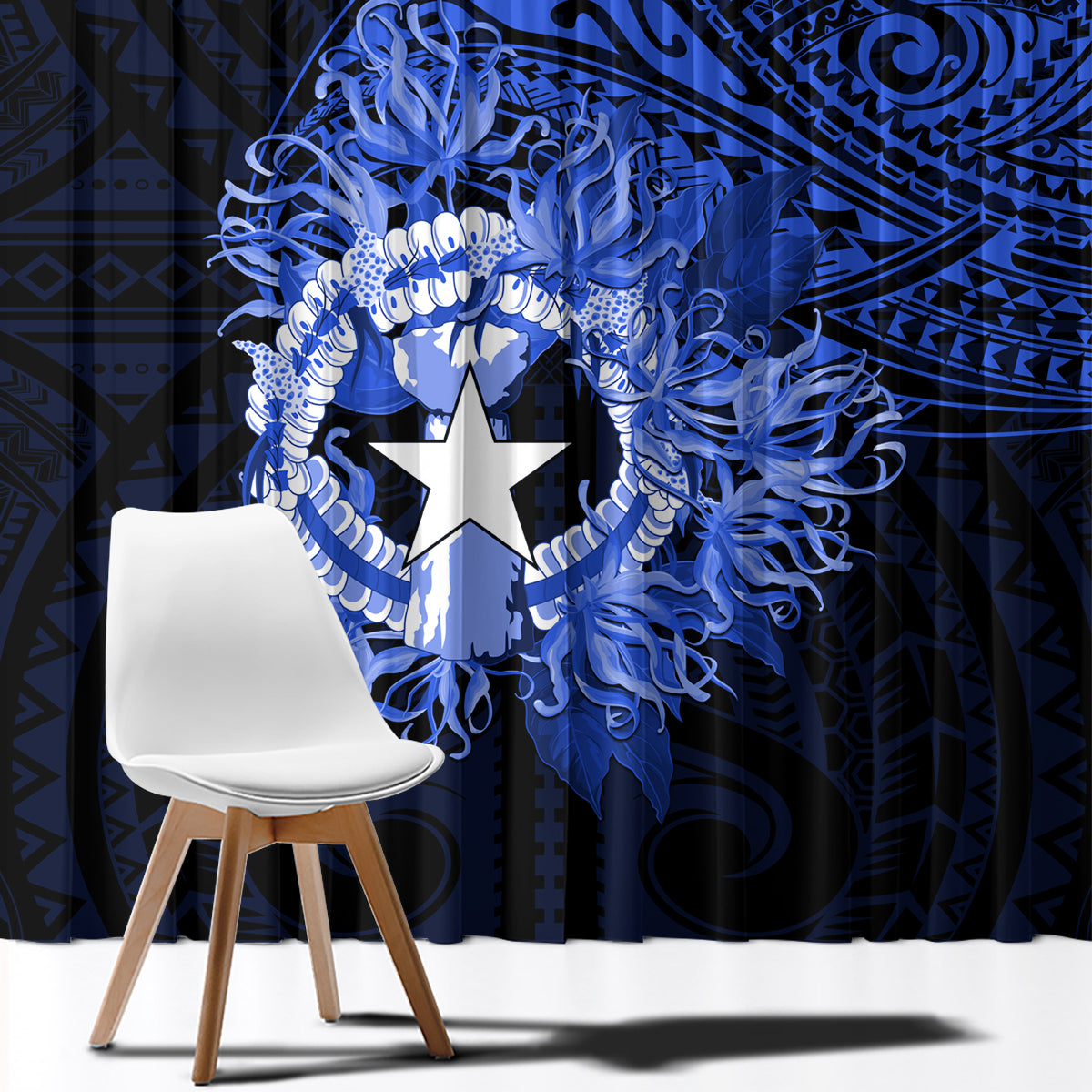Northern Mariana Islands Ylang-ylang Mwarmwar Window Curtain Polynesian Blue Style
