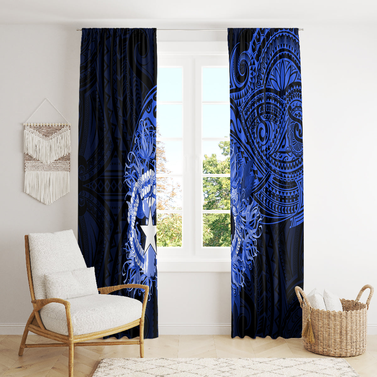 Northern Mariana Islands Ylang-ylang Mwarmwar Window Curtain Polynesian Blue Style