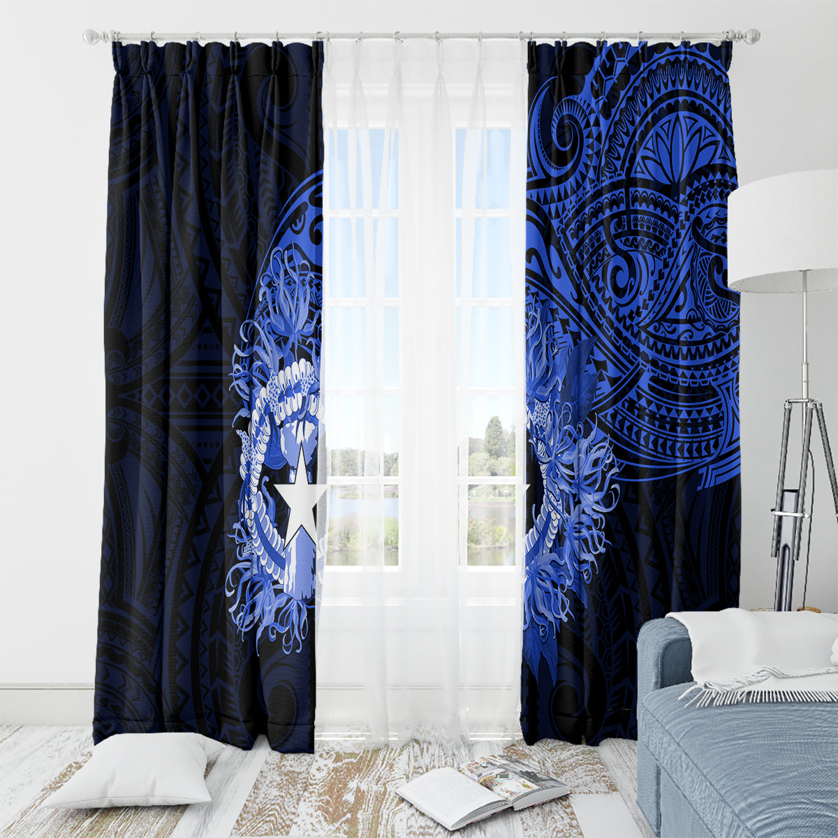 Northern Mariana Islands Ylang-ylang Mwarmwar Window Curtain Polynesian Blue Style