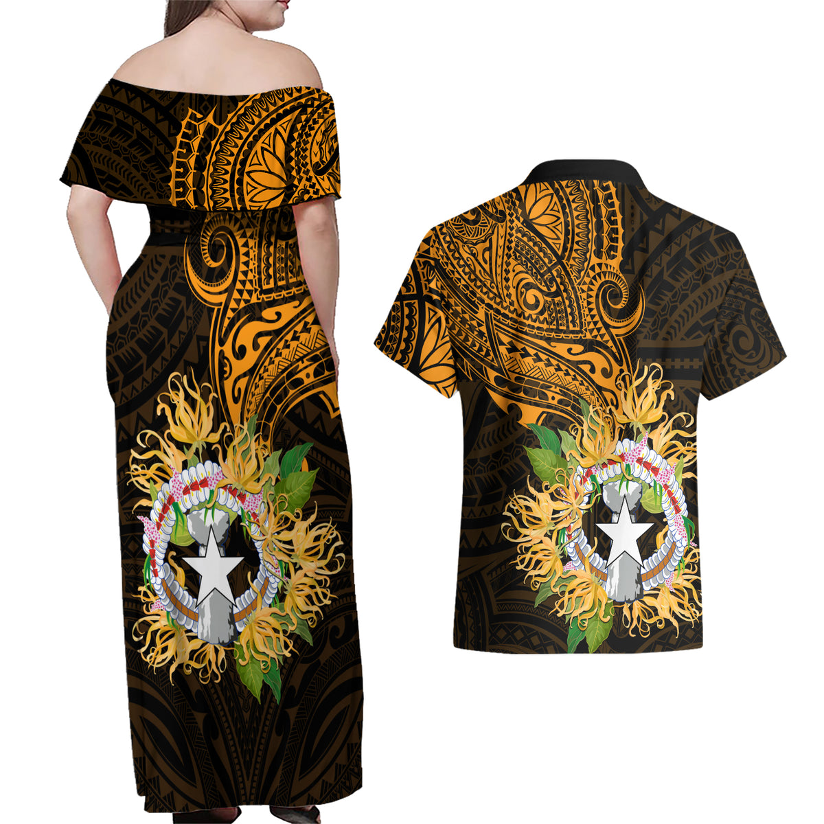 Northern Mariana Islands Ylang-ylang Mwarmwar Couples Matching Off Shoulder Maxi Dress and Hawaiian Shirt Polynesian Gold Style LT9 - Polynesian Pride