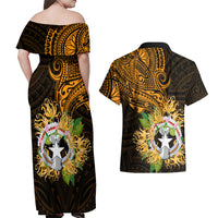 Northern Mariana Islands Ylang-ylang Mwarmwar Couples Matching Off Shoulder Maxi Dress and Hawaiian Shirt Polynesian Gold Style LT9 - Polynesian Pride