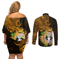 Northern Mariana Islands Ylang-ylang Mwarmwar Couples Matching Off Shoulder Short Dress and Long Sleeve Button Shirt Polynesian Gold Style LT9 - Polynesian Pride
