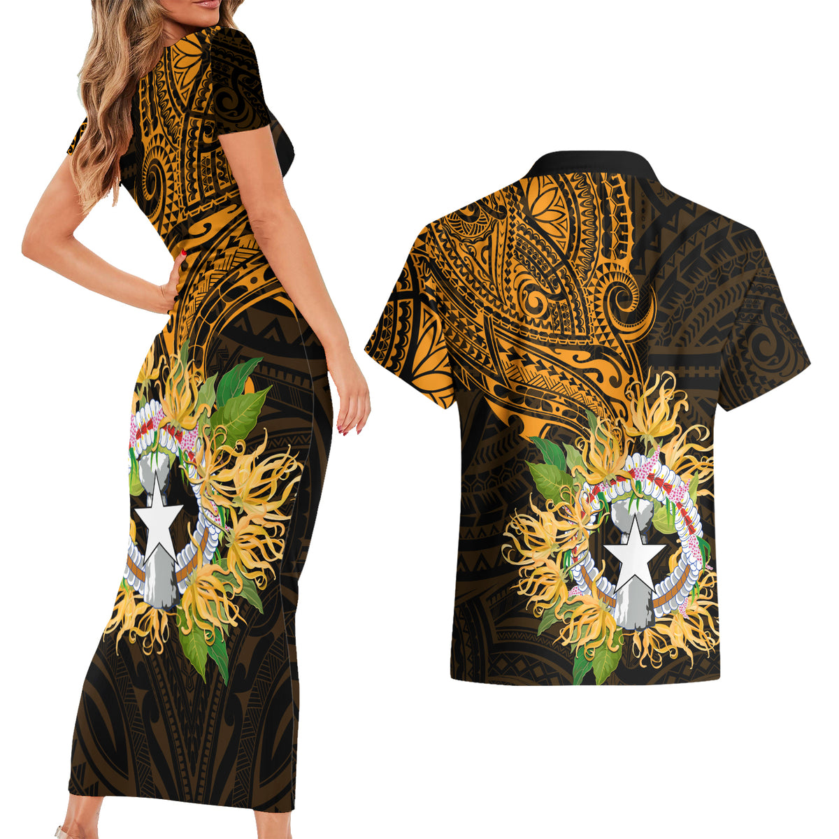 Northern Mariana Islands Ylang-ylang Mwarmwar Couples Matching Short Sleeve Bodycon Dress and Hawaiian Shirt Polynesian Gold Style LT9 - Polynesian Pride