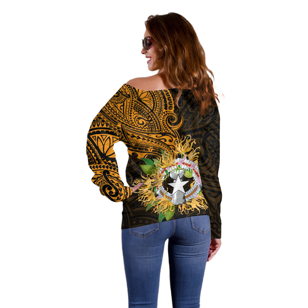 Northern Mariana Islands Ylang-ylang Mwarmwar Off Shoulder Sweater Polynesian Gold Style LT9 - Polynesian Pride
