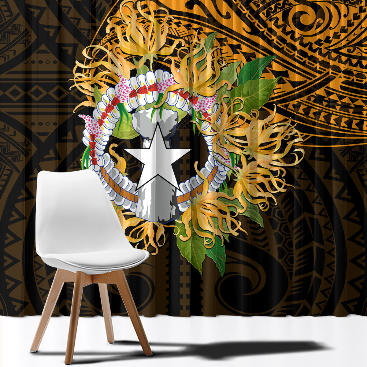 Northern Mariana Islands Ylang-ylang Mwarmwar Window Curtain Polynesian Gold Style