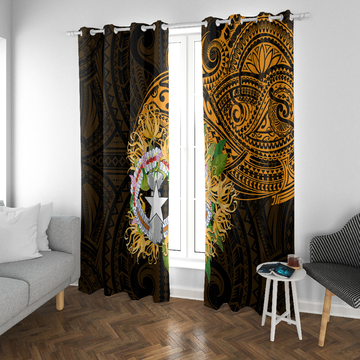 Northern Mariana Islands Ylang-ylang Mwarmwar Window Curtain Polynesian Gold Style