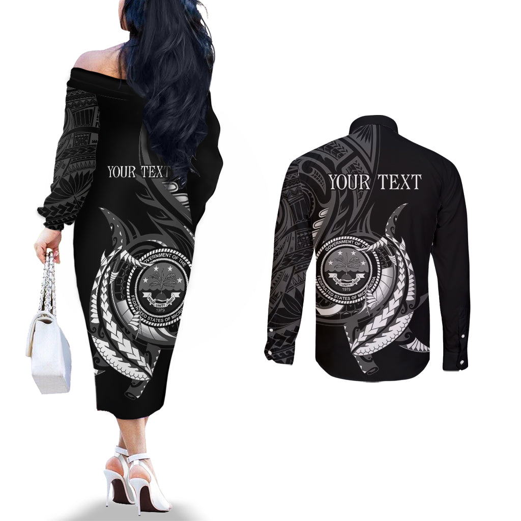 Personalised FSM Culture Day Couples Matching Off The Shoulder Long Sleeve Dress and Long Sleeve Button Shirt Hammerhead Shark Tribal 2024 LT9 - Polynesian Pride