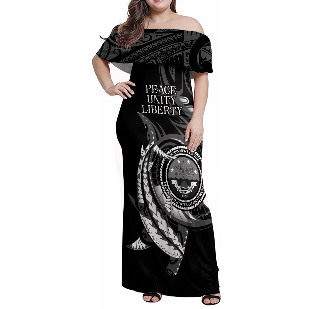 Personalised FSM Culture Day Family Matching Off Shoulder Maxi Dress and Hawaiian Shirt Hammerhead Shark Tribal 2024 LT9 Mom's Dress Black - Polynesian Pride