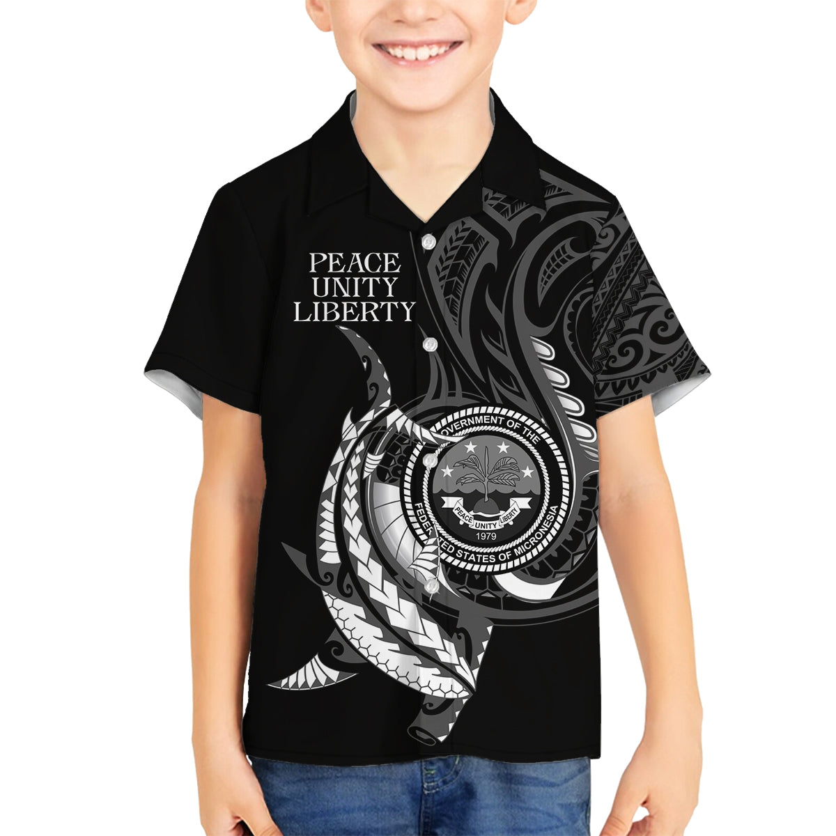 Personalised FSM Culture Day Family Matching Off Shoulder Short Dress and Hawaiian Shirt Hammerhead Shark Tribal 2024 LT9 Son's Shirt Black - Polynesian Pride