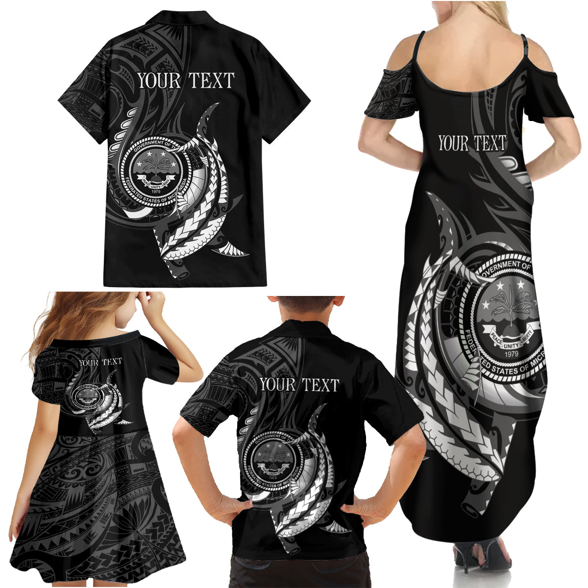 Personalised FSM Culture Day Family Matching Summer Maxi Dress and Hawaiian Shirt Hammerhead Shark Tribal 2024 LT9 - Polynesian Pride
