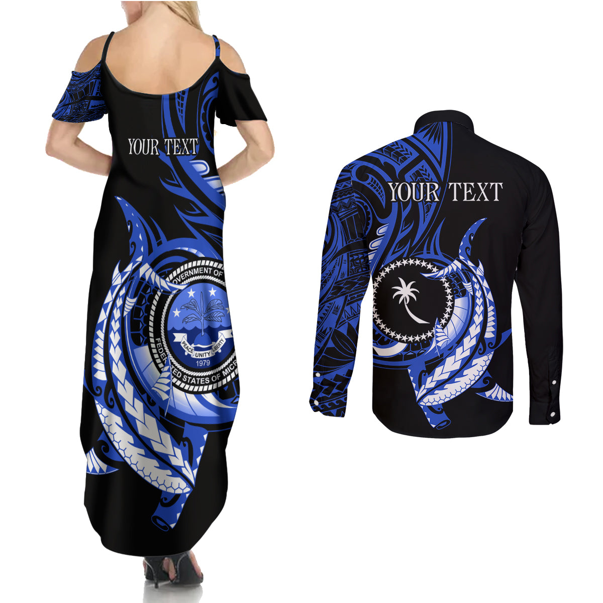 Personalised Chuuk FSM Culture Day Couples Matching Summer Maxi Dress and Long Sleeve Button Shirt Hammerhead Shark Tattoo 2024 LT9 - Polynesian Pride