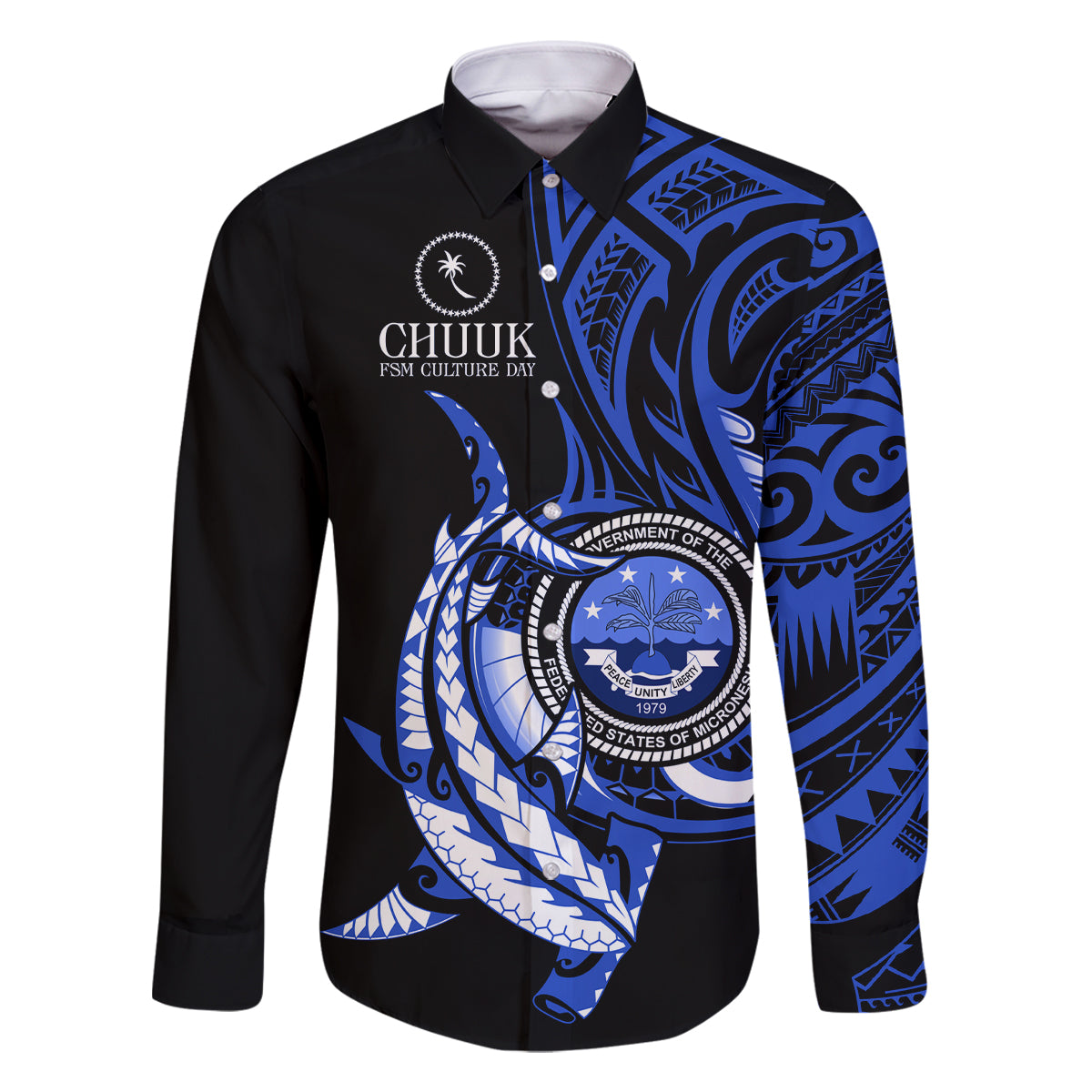 Personalised Chuuk FSM Culture Day Family Matching Off Shoulder Long Sleeve Dress and Hawaiian Shirt Hammerhead Shark Tattoo 2024 LT9 Dad's Shirt - Long Sleeve Blue - Polynesian Pride