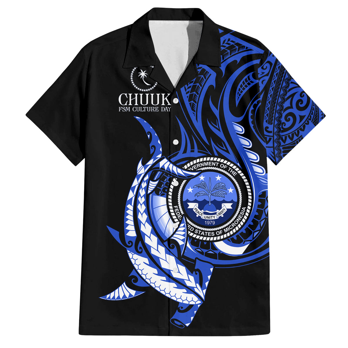 Personalised Chuuk FSM Culture Day Family Matching Tank Maxi Dress and Hawaiian Shirt Hammerhead Shark Tattoo 2024 LT9 Dad's Shirt - Short Sleeve Blue - Polynesian Pride
