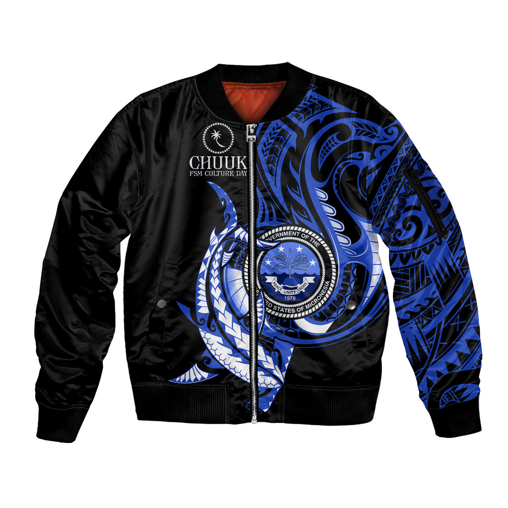 Personalised Chuuk FSM Culture Day Sleeve Zip Bomber Jacket Hammerhead Shark Tattoo 2024 LT9 Unisex Blue - Polynesian Pride