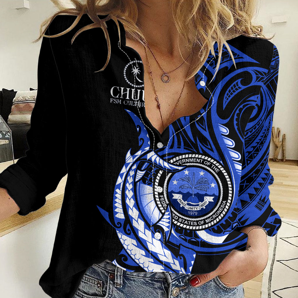 Personalised Chuuk FSM Culture Day Women Casual Shirt Hammerhead Shark Tattoo 2024 LT9 Female Blue - Polynesian Pride