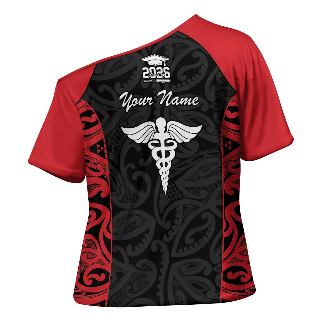 New Zealand Nurse RN 2026 Personalised Cross Shoulder Shirt Red Maori Pattern Cultural Pride