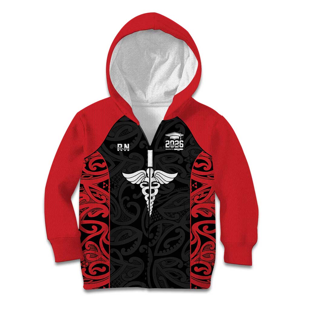 New Zealand Nurse RN 2026 Personalised Kid Hoodie Red Maori Pattern Cultural Pride LT9 Zip Hoodie Red - Polynesian Pride