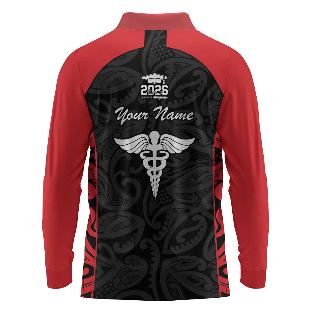 New Zealand Nurse RN 2026 Personalised Long Sleeve Polo Shirt Red Maori Pattern Cultural Pride