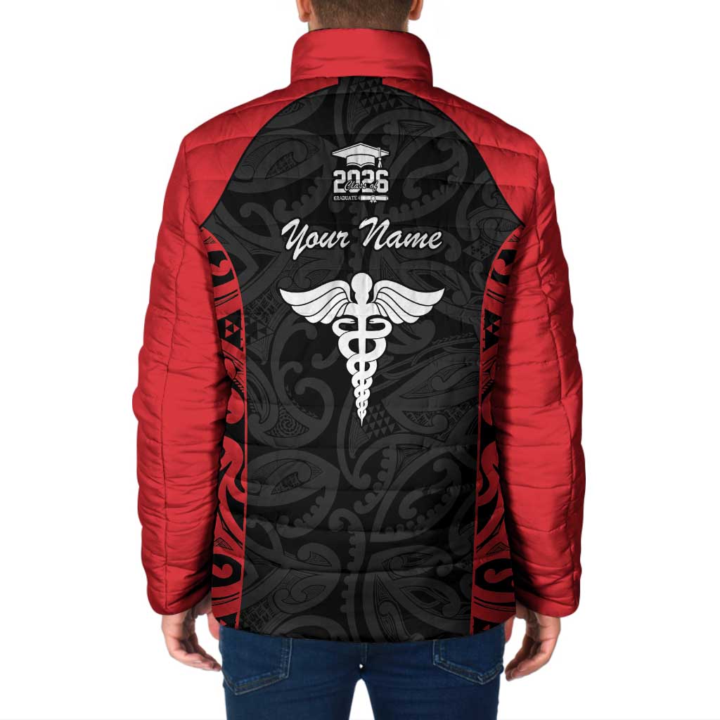 New Zealand Nurse RN 2026 Personalised Padded Jacket Red Maori Pattern Cultural Pride