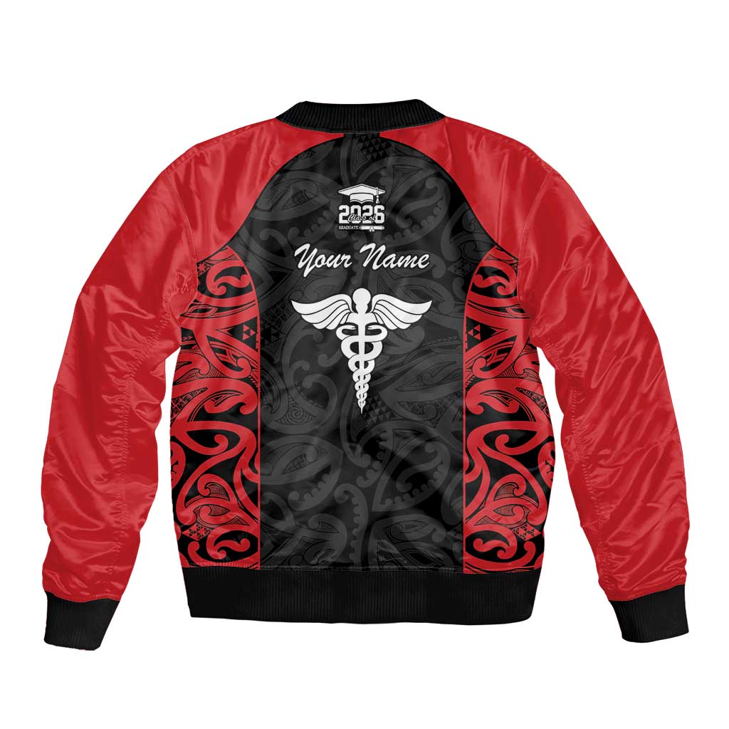 New Zealand Nurse RN 2026 Personalised Sleeve Zip Bomber Jacket Red Maori Pattern Cultural Pride