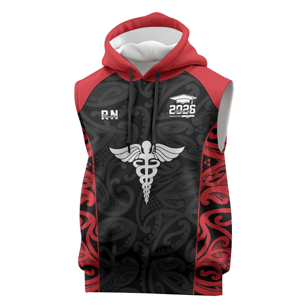 New Zealand Nurse RN 2026 Personalised Sleeveless Hoodie Red Maori Pattern Cultural Pride