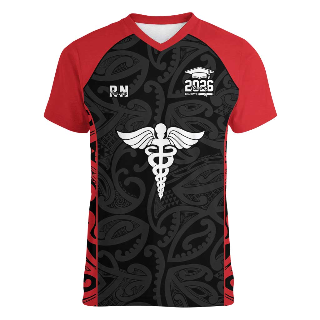 New Zealand Nurse RN 2026 Personalised Women V-Neck T-Shirt Red Maori Pattern Cultural Pride