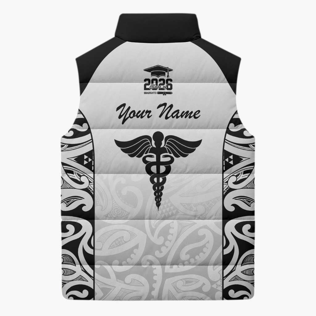 New Zealand Nurse RN 2026 Personalised Sleeveless Puffer Jacket White Maori Pattern Cultural Pride