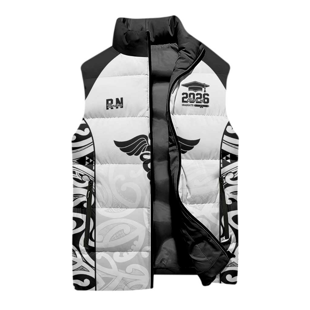New Zealand Nurse RN 2026 Personalised Sleeveless Puffer Jacket White Maori Pattern Cultural Pride