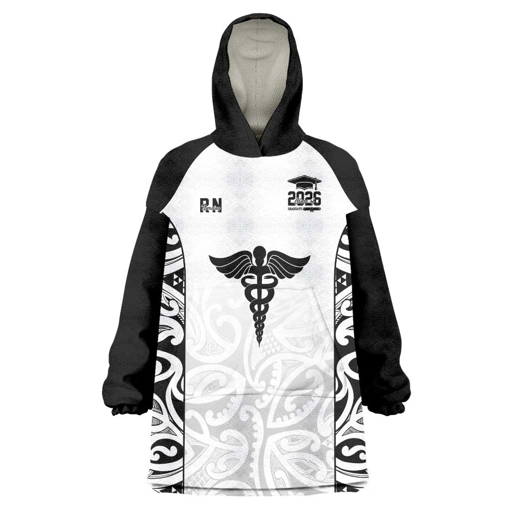 New Zealand Nurse RN 2026 Personalised Wearable Blanket Hoodie White Maori Pattern Cultural Pride