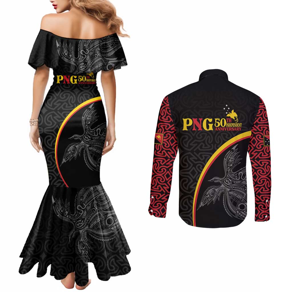 Papua New Guinea 50th Independence Day Couples Matching Mermaid Dress and Long Sleeve Button Shirt Simple Oro Tapa Pattern - Polynesian Pride