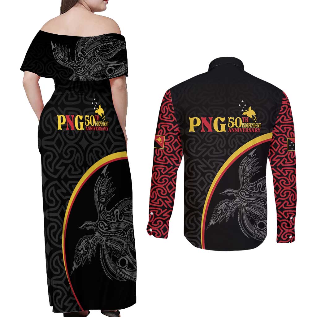 Papua New Guinea 50th Independence Day Couples Matching Off Shoulder Maxi Dress and Long Sleeve Button Shirt Simple Oro Tapa Pattern - Polynesian Pride